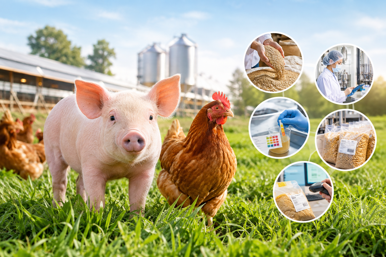 Pig and poultry on a farm alongside quality testing and production checks